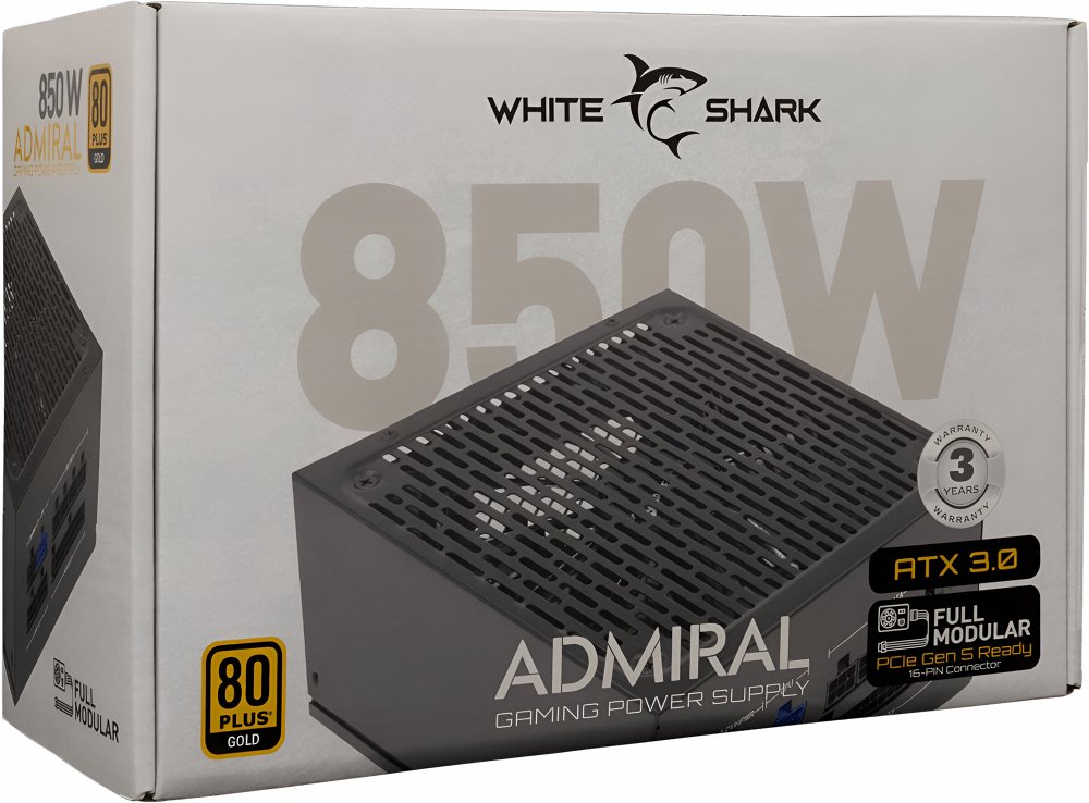 77a2505633bd87065ce6cc7e2be7fb8be54ad8b9407979b0cb0b1ff2c1e8437d.jpg White Shark Admiral | 850 Watt Gold ATX 3.0 PSU | PCIe 5.0 | Power Supply | Voeding - Afbeelding 1