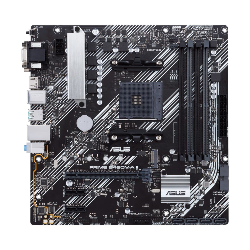 93e9f5889ca1ed787aa3e3c713d446cc77da424aa642538c74d304f9f62421f2.jpg ASUS PRIME B450M-A II | Socket AM4 | AMD B450 | 4xDDR4 | Micro-ATX | Moederbord - Afbeelding 1