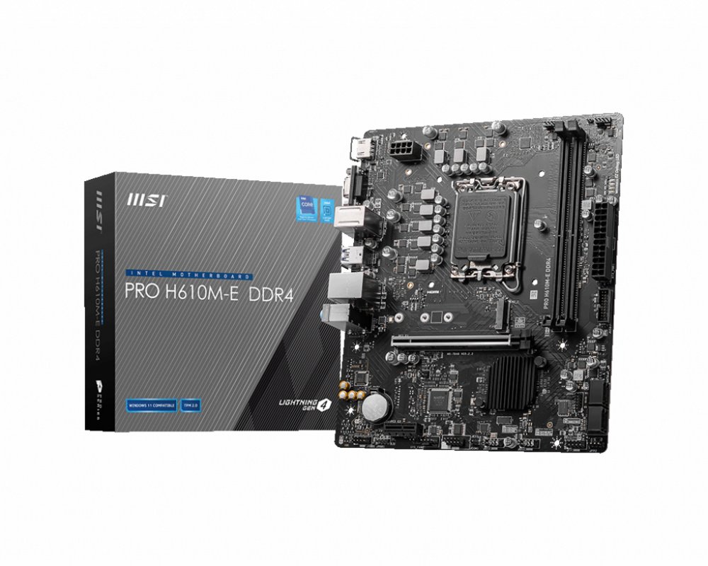 fbc6cd8a3ef11f7b398cf84c44728b99e14ca0a8a724d1ca8291bfb05c53ecbd-1.jpg MSI PRO H610M-E | Socket LGA 1700 | Intel H610 | 2xDDR4 | Micro-ATX | Moederbord | RENEWED - Afbeelding 1